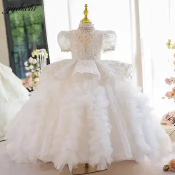 Lüks Glitter İnciler Boncuklu Çiçek Kız Elbise Düğün İçin Parlak Sequins Aplikler Prenses Puf Kollu İlk Communion Abiye