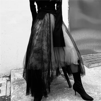 Maxi Uzun Lüks Yumuşak Tül Etek Dantel dikiş Gotik Beyaz Siyah Pilili Tutu Etekler Bayan Vintage Kombinezon lange rok jupes