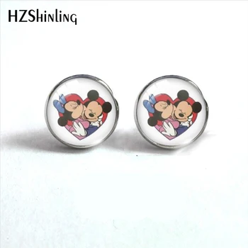 Mickey Mouse Minnie Çift Aşk Öpücük yuvarlak çivi Cam Küpe Tatlı Kulak Aksesuarları Kızlar için Hediyeler