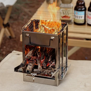 Mini Açık odun sobası Kamp Pişirme Ekipmanları Katlanır Soba Ahşap Çelik Seyahat kömür ocağı Barbekü için