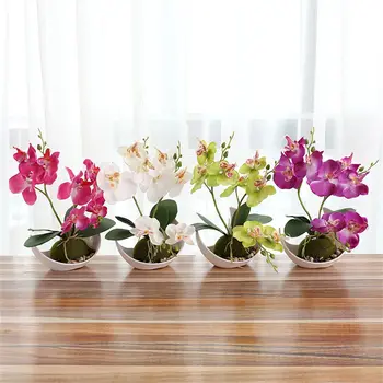 Moda Trident Phalaenopsis yapay çiçek Renkli Gerçekçi Yapay Yeşil Bitkiler Ev Kapalı ipek çiçek Bonsai Süs
