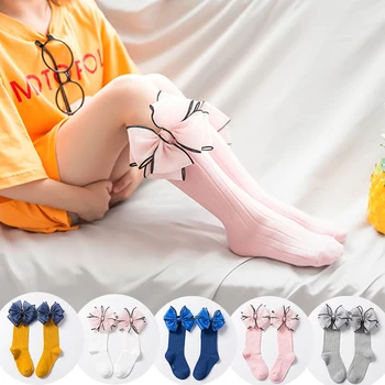 Moda Çocuk Çorap Yay İle Bebek Kız Çorap Diz Yüksek Pamuklu Yürümeye Başlayan Uzun Çorap çocuklar İçin şeker Renk Bir Çift Bebek Çorap