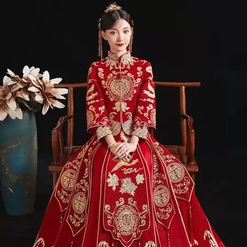 Modern Cheongsam Üst + Etek Takım Elbise Kırmızı Qipao Uzun Çin Geleneksel Gelinlik Oryantal Tarzı Xiuhefu Elbiseler