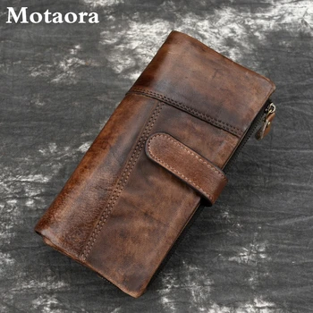 Motaora Vintage İnek Derisi Çanta Yağı Balmumu Cilt uzun cüzdan Erkek Hakiki Deri Notecase Bayanlar İçin Çoklu kart Ekleme Cüzdan