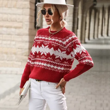New Women Round Collar Contrasting Sweater Christmas Sweater свитер кофта Pullover كنزات بأغطية للرأس  니트반팔여자 قميص نسائي معاطف