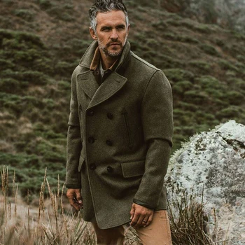 Rahat Erkekler Uzun Ceketler Moda Düz Renk Yün Giyim Erkek Siper Kış Vintage Turn-aşağı Yaka Kruvaze Palto