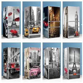 Retro Eyfel Kulesi Buzdolabı Duvar Kağıdı Kapak Yapıştırıcı Gri Serin Sokak Araba Buzdolabı Sticker Duvar Posteri Dondurucu Reddetmek