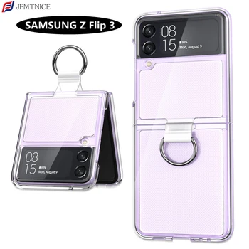 Samsung kılıfı Galaxy Z Flip 3 5G Şeffaf Şeffaf Zırh Menteşe Darbeye Dayanıklı Halka Standı Kapak için Samsung Z Flip 4 Flip3 Zflip3