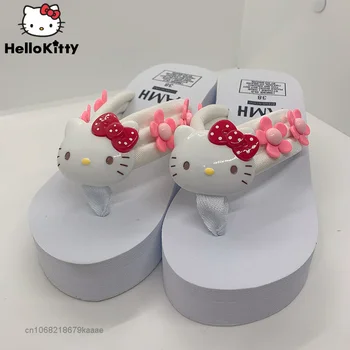 Sanrio Hello Kitty Beyaz Ayakkabı Yüksek Topuk Moda Lüks Terlik Kadın platform ayakkabılar Y2k Tatlı Sandalet Plaj Tatil Terlik