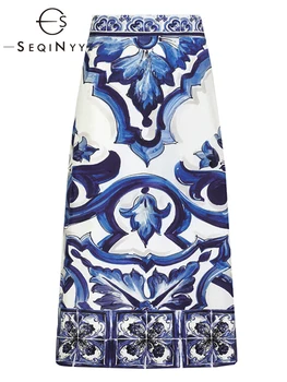 SEQINYY 100 % Ipek Etek Yaz Bahar Yeni Moda Tasarım Kadın Pist Yüksek Kalite Vintage Sicilya Mavi Çiçekler Baskı Ince
