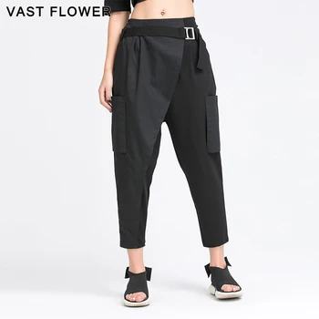 Siyah Eklenmiş Düzensiz harem pantolon Kadınlar Yeni Yüksek Bel Cep Sashes Gevşek Casual Bayanlar Pantolon Moda İlkbahar Sonbahar 2021