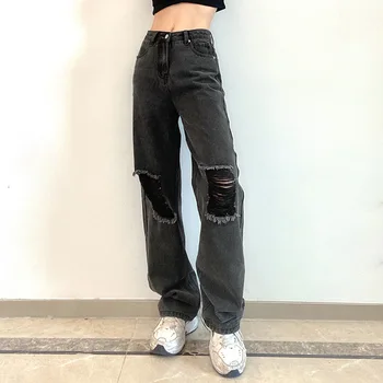 Siyah Vintage Yırtık Delik Kot Kadın Baggy Cut Out Yüksek Bel Kot Pantolon Yaz Kore Y2k Streetwear Moda düz Kot