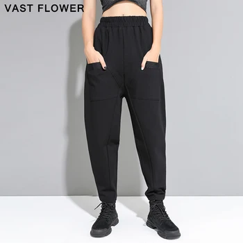Siyah Yüksek Bel harem pantolon Kadın 2022 İlkbahar Sonbahar Elastik Bel Cepler Eklenmiş Gevşek günlük pantolon Moda Streetwear