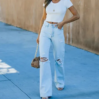 Streetwear Düz Renk Yırtık Kot Yüksek Bel Vahşi Rahat Tahrip Delik Geniş Bacak Düz Pantolon İlkbahar Yaz Pantolon