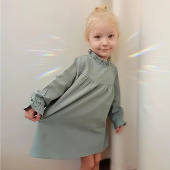 Toddler Güz Güz Kıyafetler Yeşil Uzun Kollu Elbise Kızlar için 2 6 10 Yıl Keten Pamuk Rahat Çocuk Giysileri Parti Prenses Sundress