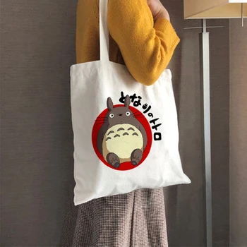 Totoro Anime Stüdyo Alışveriş Çantası Bakkal Çanta Büyük Kapasiteli Tuval Harajuku Çanta kadın Alışveriş Pamuk Tote Çanta Kullanımlık
