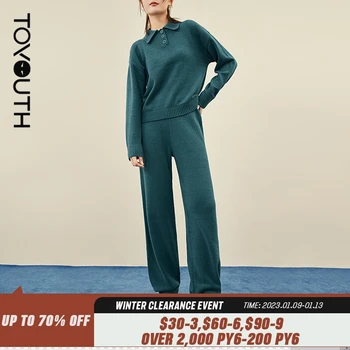 Toyouth Kadın Örme Pantolon 2021 Kış Elastik Bel Katı Yeşil Zarif Vintage Uzun pantolon