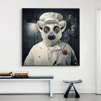 Tuval Boyama Hayvan Duvar Sanatı Lemur Şef Üniforma Posterler ve Baskılar Duvar Resimleri ıçin Oturma Odası Dekorasyon Ev Dekor