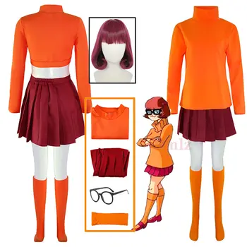 Velma Cosplay Üniforma Anime Kadın Turuncu Üst Etek Çorap Cadılar Bayramı Kostüm Seti Kızlar Velma Peruk
