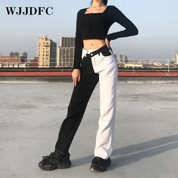 WJJDFC Bayanlar Y2k Gotik Kot Düzensiz Dikiş Kontrast Siyah Ve Beyaz Yüksek Bel Düz Kot Rahat Streetwear 2021