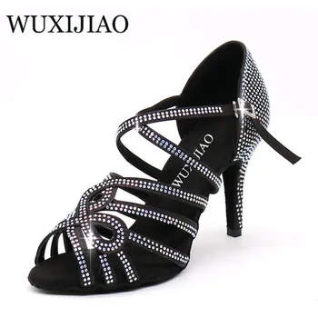 WUXIJIAO Kadın Salsa parti Balo Salonu ayakkabı Latin dans ayakkabıları büyük küçük rhinestone shining Cilt Siyah saten topuk 5 cm-10 CM