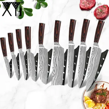 XYj 9 Adet Paslanmaz Çelik Mutfak Bıçakları Seti Şef Doğrama Kemik balıkçı bıçağı Şam Desen Renk Ahşap Saplı Mutfak Bıçakları