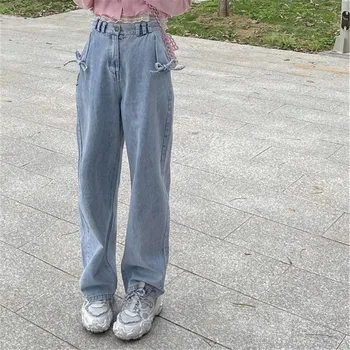 Yay Dantel-Up Yüksek Bel Gevşek Kot Kadın Rahat Moda Rahat Düz Bacak dökümlü pantolon Anne Kot Yıkanmış Erkek Arkadaşı Kot