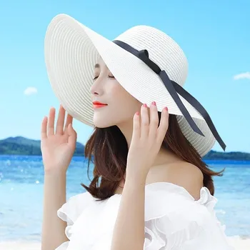 Yaz Geniş Ağızlı beyaz Hasır Şapkalar Büyük güneş şapkaları Kadınlar İçin UV Koruma Panama disket plaj şapkaları Bayanlar yay şapka chapeau femme