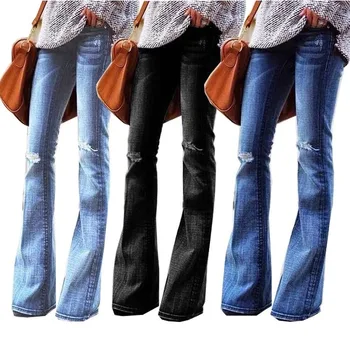 Yeni Orta Bel Flare Kot Siyah Çan diz Yırtık Kadın Kot Kadınlar İçin Denim Skinny Jeans Anne Geniş Bacak Artı Boyutu XS-4XL