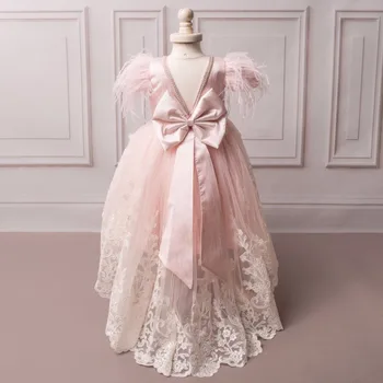 Yeni Sıcak Pembe Tüy Balo Çiçek Kız Elbise İlk Communion Elbise Vestidos De Comunion Prenses Elbiseler