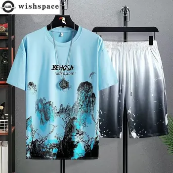 Yeni Yaz erkek Giysileri Popüler Kore Vintage Baskı T-shirt Şort İki Parçalı Set Eşofman Gevşek Rahat spor elbise