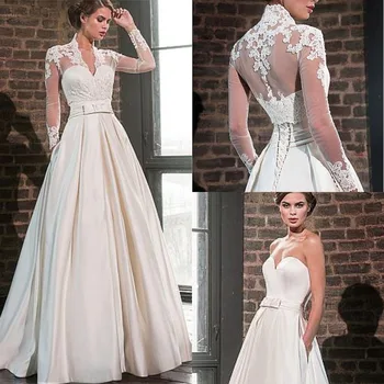 Zarif Sevgiliye Saten düğün elbisesi Ceket ile Uzun Kollu Kat Uzunluk gelinlikler Cepler Robe De Mariage