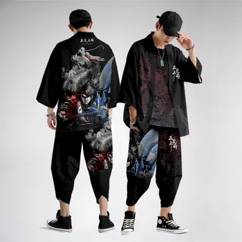 Çin Tarzı Baskı Erkekler Kimono Hırka Seti Artı Boyutu Erkek Yukata Samurai Giyim Rahat Gevşek Streetwear Ceket takım elbise 6XL