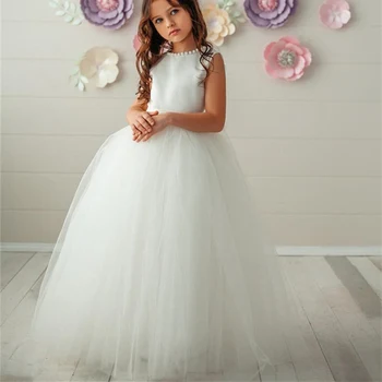 Çiçek Kız Elbise İlk Communion Elbise Beyaz Kolsuz Düğün İçin İnci Dekorasyon Tül Parti Küçük Kızlar Pageant Elbise