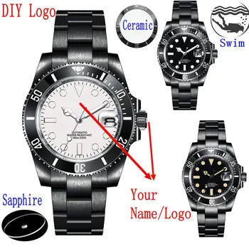 Özel Logo Safir Siyah PVD Erkekler İzle NH35 Mıyota Otomatik Kol Saati mekanik saatler Seramik Çerçeve 10Bar Yüzmek Erkek Saat
